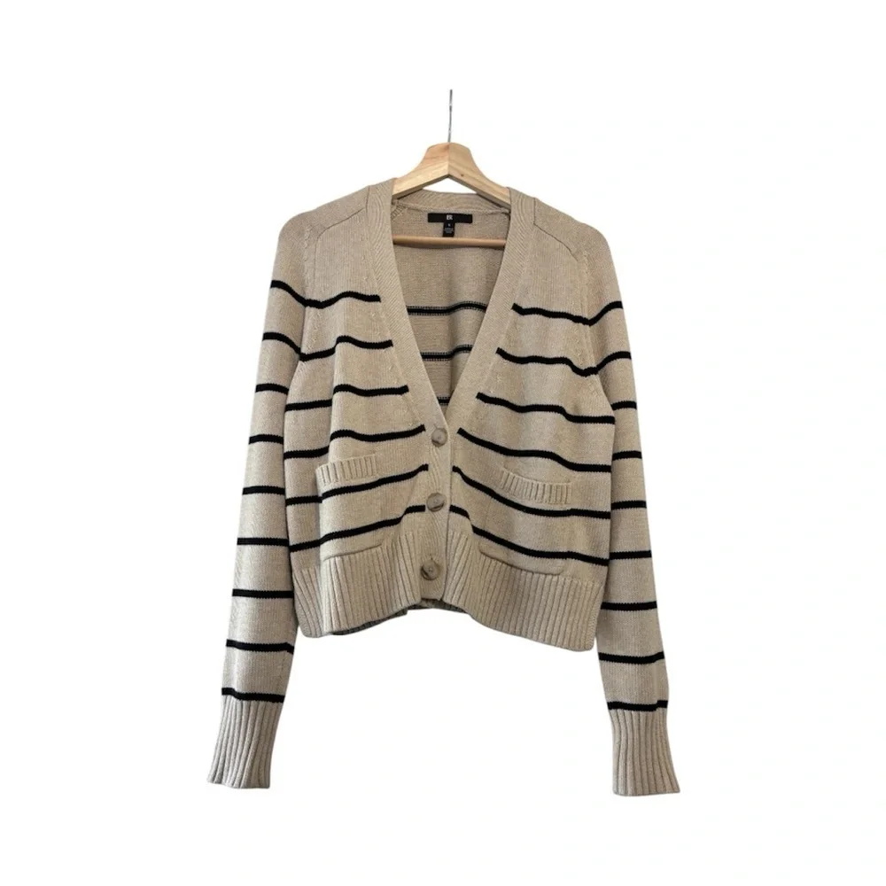 Banana Republic Essential Short Cardigan Black Beige Striped Wool Silk Blend S